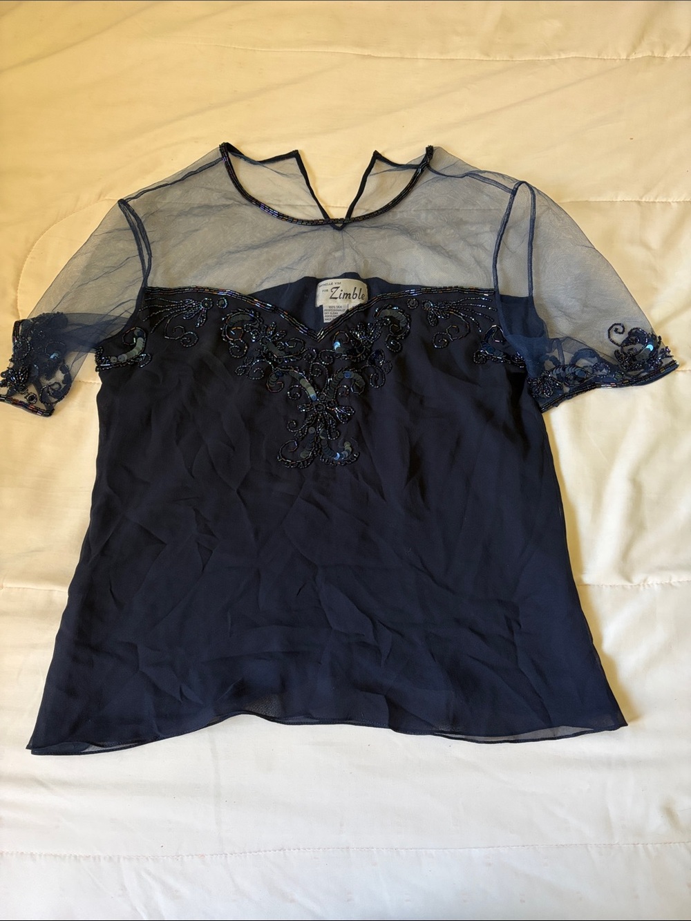 Navy Beaded Mesh Yoke Women's Blouse